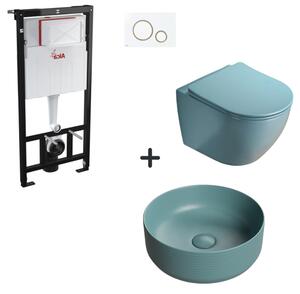 Set vas wc rimless cu capac soft close, lavoar baie verde turcoaz rotund si rezervor wc cu clapeta alba detalii aurii