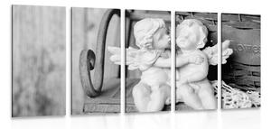 Tablou 5-piese statuete de îngerași pe bancă în design alb-negru