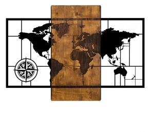 Decoratiune perete WORLD MAP WITH COMPASS, negru/nuc, lemn/metal, 85x5