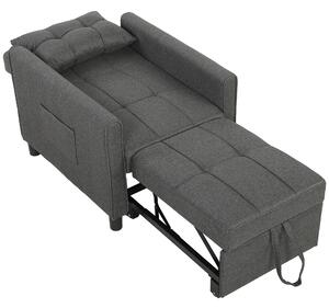 HOMCOM Fotoliu Pat Single 3 în 1 din Material Textil Tip In și Lemn cu Spătar Reclinabil, Pernă, Buzunare, Gri | Aosom Romania