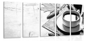 Tablou 5-piese o cană de cafea cu atingere de toamnă în design alb-negru