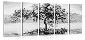 Tablou 5-piese cireș oriental în design alb-negru