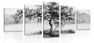 Tablou 5-piese cireș oriental în design alb-negru