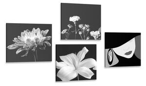 Set tablouri eleganța femeii și a florilor în design alb-negru