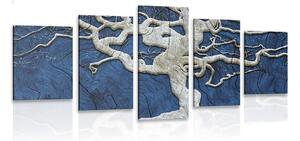 Tablou 5-piese copacul abstract pe lemn cu contrast albastru
