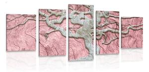 Tablou 5-piese copacul abstract pe lemn cu contrast roz