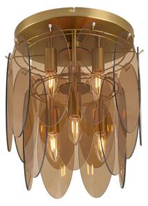 Art Deco plafondlamp goud met amber glas ovaal 6-lichts - Mochan