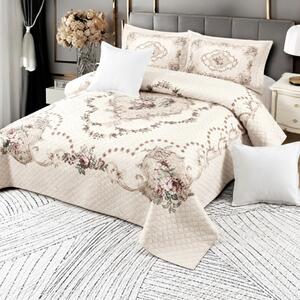 Cuvertura catifea matlasata, crem cu model floral, 5 piese, 230 x 250 cm