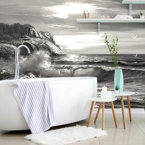 Tapet dimineața la mare în design alb-negru