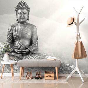 Tapet Buddha într-o poziție de meditație în alb-negru