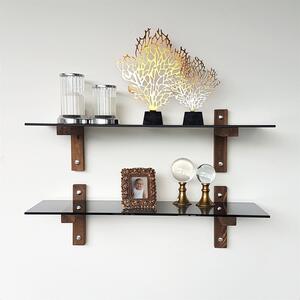 Set 2 polite R202, fumuriu/nuc, sticla/lemn de pin, 85x25x25 cm