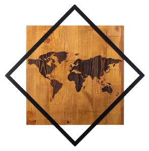 Decoratiune perete WORLD 2, stejar/negru, lemn/metal, 54x54 cm