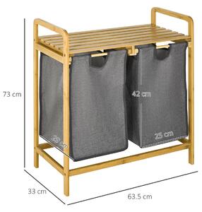 HOMCOM Coș de Rufe din Bambus cu Raft și 2 Saci Detașabili, Ideal pentru Dormitor, Baie, 64x33x73 cm, Gri | Aosom Romania