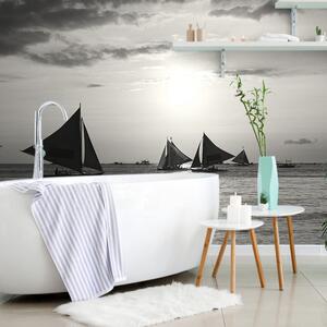 Fototapet apus de soare la mare în design alb-negru