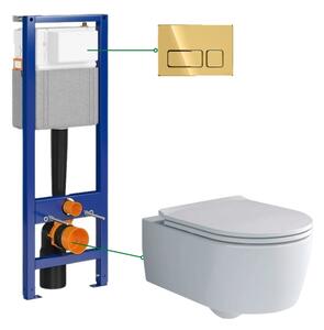 Set vas wc suspendat rimless cu capac Villeroy Boch, rezervor incastrat si clapeta aurie Cersanit Block