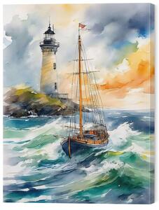 Tablou pe pânză A lighthouse, waves & a boat in the sea waves Painting, 45 × 60 cm