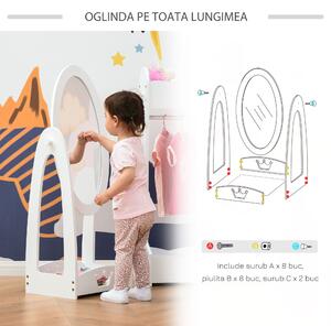 Oglinda pentru Dormitorul copiilor Pivotanta , Oglinda de Podea pentru Copii din Lemn Alb cu Raft de Depozitare 40x30x104cm | Aosom RO