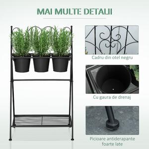 Outsunny Suport Metalic Pliabil pentru Plante, 3 Ghivece Incluse, Design Compact, 47x37x78.5 cm, Negru | Aosom Romania
