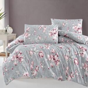 Lenjerie pat gri cu magnolii roz, bumbac 100% ranforce, 4 piese, cearsaf pat cu elastic, Marea
