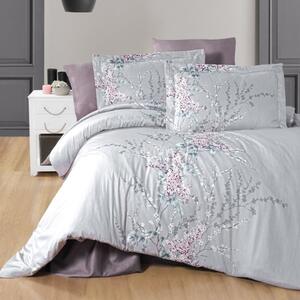 Lenjerie de pat bumbac satin de lux 6 piese, First Choice, Wisteria, gri cu flori de cires lila