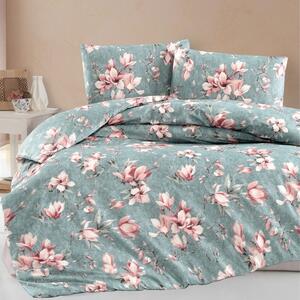 Lenjerie pat verde cu magnolii roz, bumbac 100% ranforce, 4 piese, cearsaf pat cu elastic, Marea