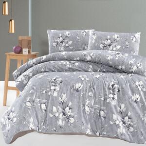 Lenjerie pat gri cu magnolii albe, bumbac 100% ranforce, 4 piese, cearsaf pat cu elastic, Marea