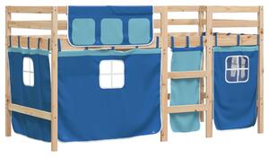 Pat etajat de copii cu perdele, blå, 80x200 cm, lemn masiv pin