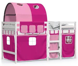 Pat etajat de copii cu tunel, roz, 90x190 cm, lemn masiv pin