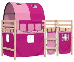 Pat etajat de copii cu tunel, roz, 90x200 cm, lemn masiv pin
