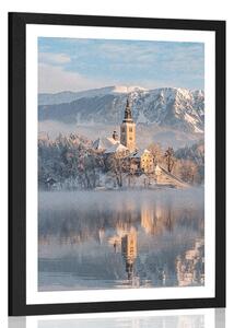 Poster cu passepartout biserică lângă lacul Bled din Slovenia