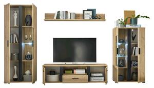 Mobilier living KANODE, stejar artisan/negru, PAL laminat/sticla, cu i