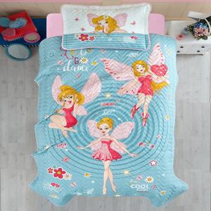 Set cuvertura pat matlasata POWER GIRL, albastru/roz, bumbac, 180x240