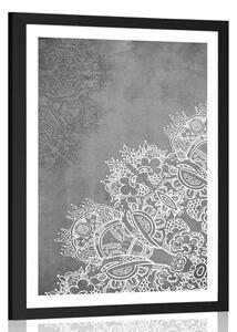 Poster cu passepartout elementele unei Mandale florale în design alb-negru