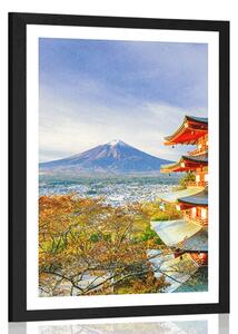 Poster cu passepartout vedere la Chureito Pagoda și muntele Fuji