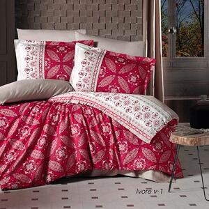 Set lenjerie pat clasy king size IVORE V1, bumbac, alb/rosu, 240x260 c