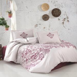Set lenjerie pat clasy king size Mandora v2, bumbac, alb/visiniu, 240x