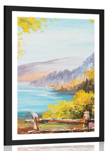 Poster cu passepartout pictură în ulei a lacului de munte