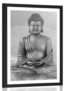 Poster cu passepartout statuie lui Buddha în poziție de meditație în design alb-negru