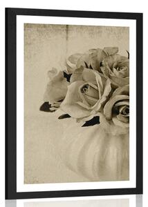 Poster cu passepartout trandafiri într-o vază în design sepia