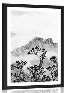 Poster cu passepartout pictură tradițională chineză ale peisajului în design alb-negru