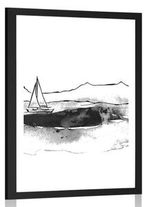 Poster cu passepartout iahtul la mare în design alb-negru