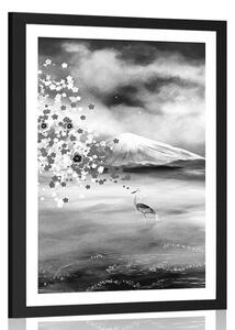 Poster cu passepartout stârci sub copacul magic în design alb-negru