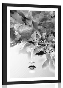Poster cu passepartout față feminină la modă cu elemente abstracte în design alb-negru