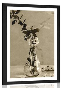 Poster cu passepartout crenguță de cireș într-o vază în design sepia