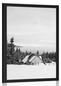 Poster cabană în natură înzăpezită în design alb-negru