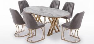 Set Masa şi 6 Scaune Monza, Stil Elegant, Detalii Aurii, 85x160 cm, Blat Marmorat Bermuda Gri