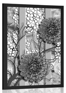 Poster flori abstracte pe fundal de marmură în design alb-negru