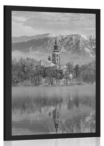 Poster biserică lângă lacul Bled în Slovenia în design alb-negru