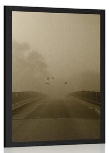 Poster zborul păsărilor deasupra podului în design sepia
