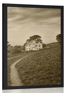 Poster casă pe stâncă în design sepia